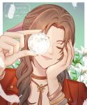  1girl aerith_gainsborough artist_name ball border bracelet braid braided_ponytail brown_hair choker closed_mouth falling_feathers feathers final_fantasy final_fantasy_vii final_fantasy_vii_remake flower flower_choker gold_bangle green_eyes hair_ribbon head_on_hand holding holding_ball jacket jewelry lily_(flower) long_hair looking_at_viewer materia multiple_bracelets one_eye_closed parted_bangs pink_ribbon red_jacket ribbon sidelocks silver_bangle smile solo starlightchi white_border white_flower 
