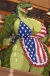 2:3 anthro apron big_breasts bikini breasts cafe clothed clothing crocodile crocodilian female green_body hi_res low-angle_view non-mammal_breasts reptile scales scalie solo swimwear teeth thick_thighs two-piece_swimsuit wonderin_dragon