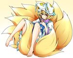  absurdres baba_(baba_seimaijo) barefoot blonde_hair comb dress fox_tail hat highres long_sleeves multiple_tails pillow_hat short_hair sitting sitting_on_own_tail smile solo tail touhou white_dress wide_sleeves yakumo_ran yellow_eyes 
