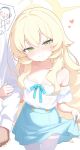  1boy 1girl absurdres alternate_costume aqua_bow aqua_skirt aqua_trim bare_shoulders blonde_hair blue_archive blush bow buttons clothes_lift collarbone commentary cowboy_shot doodle_sensei_(blue_archive) dot_nose flat_chest garter_straps grabbing_another's_arm green_eyes hair_between_eyes half-closed_eyes halo head_tilt heart highres jiuchong_ying_fengxue lifting_own_clothes long_hair looking_at_viewer off-shoulder_shirt off_shoulder pantyhose professor_niyaniya_(blue_archive) raised_eyebrows sensei_(blue_archive) shirt simple_background skirt skirt_lift smile thighband_pantyhose trembling very_long_hair white_background white_pantyhose white_shirt yellow_halo 