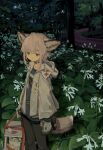  1girl absurdres animal_ear_fluff animal_ears arknights birthday_cake black_choker black_pantyhose blue_eyes bracelet cake chinese_commentary choker closed_mouth coat commentary_request dcy11011 expressionless feet_out_of_frame floral_background flower food fox_ears fox_girl fox_tail highres hood hood_down hooded_coat infection_monitor_(arknights) jewelry looking_at_viewer night outdoors pantyhose plant short_hair solo standing sussurro_(arknights) tail white_coat white_flower 