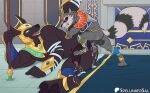 3_toes 5_fingers abs alternate_costume anal anal_penetration anthro anthro_on_anthro anthro_penetrated anthro_penetrating anthro_penetrating_anthro anubian_jackal anus arm_armor armor armwear artist_name balls bandage bandaged_arm banner biped bodily_fluids bottomless bottomless_anthro bottomless_male brown_balls brown_body brown_fur brown_pawpads brown_penis brown_perineum butt canid canine canis carpet claws clenched_teeth clothed clothing cracked_ground crossover cum cum_in_ass cum_inside cum_leaking_from_ass cum_on_butt cum_on_feet cum_on_ground cum_while_penetrated digital_media_(artwork) duo ejaculating_while_penetrating ejaculation erection facial_markings fangs feet fingers floor fluffy fluffy_tail foot_fetish foot_on_penis foot_play foreskin fur genital_fluids genitals glans glowing glowing_eyes gold_(metal) gold_armor gold_helmet grey_balls grey_body grey_fur grey_penis guardians_of_the_galaxy head_markings headgear headpiece helmet hi_res holding_object holding_weapon humanoid_genitalia humanoid_penis inside interspecies jackal knee_pads larger_anthro larger_male larger_penetrated larger_sub league_of_legends leg_armor leg_glider_position lying male male/male male_anthro male_penetrated male_penetrating male_penetrating_male mammal markings marvel marvel_rivals mask_(marking) motion_lines muscular muscular_anthro muscular_arms muscular_male muscular_penetrated nasus_(lol) navel on_side open_mouth pawpads paws penetration penile penile_penetration penis penis_in_ass penis_size_difference perineum procyonid raccoon raised_leg red_eyes riot_games rocket_raccoon sex short short_anthro short_male size_difference smaller_anthro smaller_male spelunker_sal submissive tail teeth tencent text thrust_lines tile tile_floor toe_claws toes urethra vein veiny_penis wall_(structure) weapon white_bandages