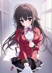  1girl 1other ahoge black_hair black_pantyhose black_skirt blush breasts closed_mouth clothes_grab clothes_pull collared_shirt commentary_request cross grabbing_another's_shirt hair_intakes hair_ribbon hallway highres jacket long_hair long_sleeves looking_at_viewer medium_breasts mintice_(asatsukimint) original pantyhose pink_ribbon pleated_skirt pov red_jacket ribbon school_uniform shirt shirt_pull sidelocks skirt solo_focus standing vanishing_point white_ribbon white_shirt 