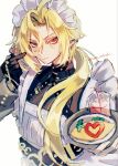  1boy alternate_costume apron black_gloves commentary_request finger_heart food gloves heterochromia highres holding holding_plate hugo_vlad long_hair looking_at_viewer maid maid_apron maid_headdress male_focus mole mole_under_eye omelet omurice plate pointy_ears red_eyes smile smlie szm_oekaki upper_body zenless_zone_zero 