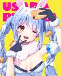 1girl absurdres animal_ear_fluff animal_ears arm_up black_gloves blue_hair blush bow braid breasts carrot_hair_ornament cellphone character_name cleavage commentary_request creature dated detached_sleeves don-chan_(usada_pekora) dot_nose dress food-themed_hair_ornament fur-trimmed_gloves fur_scarf fur_trim gloves hair_bow hair_ornament hand_up head_tilt highres hikimayu hinasuzu69 holding holding_phone hololive inward_v long_hair looking_at_viewer loose_hair_strand multicolored_hair one_eye_closed open_mouth orange_eyes phone puffy_short_sleeves puffy_sleeves rabbit rabbit-shaped_pupils rabbit_ears rabbit_girl selfie short_sleeves sidelocks signature sleeveless sleeveless_dress small_breasts smartphone smile solo symbol-shaped_pupils teeth text_background thick_eyebrows twin_braids two-tone_hair upper_body upper_teeth_only usada_pekora usada_pekora_(1st_costume) v virtual_youtuber white_bow white_dress white_hair yellow_background 