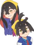  1boy 1girl black_hair blue_jacket blue_shirt brother_and_sister buttons carmine_(pokemon) closed_mouth collared_shirt commentary_request crossed_bangs eyelashes grin hair_between_eyes hairband highres jacket kieran_(pokemon) long_hair mole mole_on_neck mole_under_eye necktie pokemon pokemon_scarlet_and_violet red_necktie shirt siblings simple_background smile teeth white_background white_jacket yellow_eyes yellow_hairband zerozerokiss 