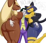 2026 3_fingers 5_fingers anthro armwear background_character batman batman_(series) big_breasts big_butt big_ears biped black_armwear black_body black_clothing black_dress black_ears black_eyebrows black_eyes black_fur black_nose black_sclera black_tail blue_body blue_hair bottomless bottomless_anthro bottomless_female bottomwear breast_squish breasts brown_body brown_breasts brown_ears brown_fur brown_tail butt clothed clothed_human clothed_male clothing cotton_tail curvy_figure cute_fangs dc_comics digital_media_(artwork) dress english_text eyebrows eyelashes fangs female female_anthro fingers fully_clothed fully_clothed_human fully_clothed_male fur generation_4_pokemon gloves gold_(metal) gold_hair_ornament gold_jewelry gold_neck_ring green_hair grin group gums hair hand_on_another's_butt hand_on_butt handwear hi_res human jacket jewelry joker_caught_a_pokemon leg_markings lidded_eyes long_ears looking_at_viewer lopunny male male_human mammal markings multicolored_body multicolored_ears multicolored_fur nintendo nude nude_anthro nude_female open_mouth open_smile pal_(species) palmorph palworld pants pocketpair pokemon pokemon_(species) pokemorph pupils purple_bottomwear purple_clothing purple_jacket purple_pants purple_topwear raised_tail red_eyes runbash sekhmet_(pal) simple_background slit_pupils smile smiling_at_viewer socks_(marking) squish standing tail tan_body tan_ears tan_eyebrows tan_fur teeth text the_joker thick_eyebrows thick_thighs tongue toothy_grin topwear voluptuous voluptuous_anthro voluptuous_female white_background white_body white_clothing white_gloves white_handwear white_skin wide_hipped_anthro wide_hipped_female wide_hips wrist_fluff yelling yelling_at_another yellow_body yellow_breasts yellow_clothing yellow_topwear