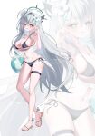  1girl absurdres alternate_costume animal_ear_fluff animal_ears ball bare_legs bare_shoulders beachball bikini black_bikini blue_archive blue_eyes breasts commentary cross_hair_ornament extra_ears green_halo grey_hair hair_ornament halo highres holding holding_ball holding_beachball large_breasts long_hair luna_bloom navel open_mouth sandals shiroko_terror_(blue_archive) side-tie_bikini_bottom solo stomach swimsuit thigh_strap toes very_long_hair wolf_ears wolf_girl zoom_layer 