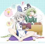  2girls ? barefoot board_game book chin_rest crossed_legs cushion dated dress ghost_tail go green_dress green_eyes green_hair grey_eyes hat idea japanese_clothes kariginu light_bulb manaka_(pdx) mononobe_no_futo multiple_girls open_mouth ponytail ribbon short_hair silver_hair sitting skirt soga_no_tojiko speech_bubble spoken_exclamation_mark spoken_object spoken_question_mark tate_eboshi touhou zabuton 