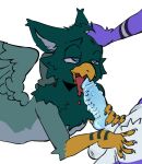 anthro avian beak bedroom_eyes bodily_fluids dragon duo fellatio genitals gryphon hand_on_head hi_res inner_ear_fluff kavii knot knotted_penis ko_(koboldmilk) kotikov male male/male mythological_avian mythological_creature mythological_scalie mythology narrowed_eyes oral penile penis penis_grab saliva saliva_on_penis scalie seductive sex tuft wings