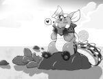 ambiguous_gender blush blush_lines cactus cloud cloudy_sky dalipuff desert detailed_background digital_media_(artwork) dragonflora eating eating_food elemental_creature flora_fauna greyscale monochrome on_rock plant rock sand scalie sitting sitting_on_rock sky smile solo