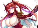  1girl absurdres breasts commentary ddg160 epaulettes hair_ornament highres huge_breasts jacket jacket_on_shoulders last_origin long_sleeves looking_at_viewer may_of_doom mole mole_on_breast purple_eyes red_hair simple_background smile solo twintails white_background 