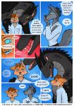 absurd_res anthro aroused black_body black_horn black_scales black_spikes blue_background blue_eyes blush blush_lines bodily_fluids brown_hair canid canine canis close-up clothed clothing collared_shirt comic crossed_arms darkdraconica darky_(darkdraconica) dave_(darkdraconica) daydream dialogue dragon dress_shirt ears_back english_text european_mythology eyewear female feral fox fur glasses grey_body grey_fur group hair half-closed_eyes hand_on_back hand_on_shoulder hi_res horn larger_female larger_feral male mammal mouth_focus mythological_creature mythological_scalie mythology narrowed_eyes neck_spikes orange_body page_number pivoted_ears saliva saliva_string scales scalie scared sharp_teeth shirt simple_background size_difference smaller_anthro smaller_male tail talking_feral teeth text thinking tom_(darkdraconica) tongue topwear trio url ventral_scales western_dragon wolf yellow_eyes