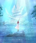  1girl aerith_gainsborough boots braid braided_ponytail brown_boots brown_hair commentary cropped_jacket derivative_work dress english_commentary facing_away final_fantasy final_fantasy_vii final_fantasy_vii_rebirth final_fantasy_vii_remake final_fantasy_vii_revelation from_behind full_body hair_ribbon highres holding holding_staff jacket lake long_dress long_hair official_art_redraw outdoors papermint_tea pink_dress pink_ribbon red_jacket ribbon single_braid solo staff standing sunlight 