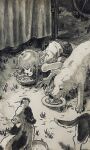  1other absurdres all_fours bowl child dog eating grass greyscale hands_on_floor highres hise_(fox_f13) indoors medium_hair monochrome on_ground original outdoors people pet_bowl shirt short_shorts shorts sleeveless sleeveless_shirt solo table traditional_media 