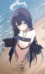  1girl beach bikini black_bikini black_hair black_robe blue_archive braid braid_over_shoulder breasts butterfly_hair_ornament clothing_cutout collarbone commentary_request diamond_cutout grey_eyes grey_halo hair_ornament halo highres holding holding_removed_eyewear kisaki_(blue_archive) kisaki_(swimsuit)_(blue_archive) long_hair looking_at_viewer navel official_alternate_costume official_alternate_hairstyle purple-tinted_eyewear robe robe_partially_removed sandals side_braid small_breasts solo sunglasses swimsuit tinted_eyewear tomosuke unworn_eyewear walking 