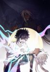  1girl 2boys black_eyes black_hair commentary dark_skin false_memory guan_chao_(false_memory) halo highres kairusha long_hair multiple_boys pants ran_deng_(false_memory) sandals shirt short_hair short_sleeves sky slides sparkle star_(sky) star_(symbol) starry_sky tear_troughs white_hair white_shirt yi_(false_memory) 
