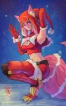  1girl absurdres animal_ears boutsoftheblind breasts cleavage crop_top cyborg elbow_gloves fox_ears fox_girl fox_tail gloves hair_between_eyes hat highres indie_virtual_youtuber mechanical_legs meicha_(vtuber) pink_eyes pink_hair pink_tail red_gloves red_shirt red_skirt santa_hat shirt skirt squatting tail virtual_youtuber 