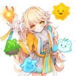  1girl :> blonde_hair commentary creature from_above hand_up highres holding holding_staff horns jacket jewelry korean_commentary lara_(maplestory) long_hair looking_at_viewer maplestory miniskirt multicolored_jacket multicolored_sash naughty_(pixiv_82037990) pleated_skirt puffy_sleeves ribbon ribbon_trim ring sash sheep_girl sheep_horns shirt simple_background skirt staff standing white_background yellow_eyes yellow_jacket 
