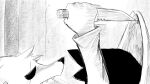 16:9 ambiguous_gender anthro canid canine canis clothing coat domestic_cat dragonweirdo duo eye_patch eyewear felid feline felis gytras_(dragonweirdo) hallway hi_res holding_object holding_weapon kimera_(dragonweirdo) knife lab_coat male mammal monochrome pinned pinned_to_wall topwear weapon widescreen wolf