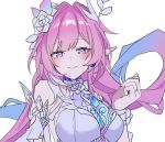  1girl bare_shoulders blue_hair blue_ribbon blush breasts clenched_hand closed_mouth commentary cyrene_(demiurge)_(honkai:_star_rail) cyrene_(honkai:_star_rail) detached_sleeves diamond-shaped_pupils diamond_(shape) dress earrings eyelashes fingernails floating_hair flower gradient_hair h2o_omizu hair_flower hair_ornament hair_ribbon hand_up honkai:_star_rail honkai_(series) jewelry large_breasts leaf_hair_ornament long_hair looking_at_viewer multicolored_hair multicolored_ribbon pink_hair pink_ribbon planet_earrings pointy_ears purple_eyes ribbon ring short_sleeves simple_background single_earring sleeveless sleeveless_dress smile solo streaked_hair symbol-shaped_pupils unfinished upper_body very_long_hair white_dress white_flower white_hair white_ribbon white_sleeves yellow_ribbon 