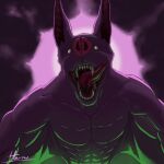 1:1 abs absurd_res anthro bat bat_nose bat_wings big_ears blind creepy creepy_face disability fangs green_light harnu_art hi_res light long_tongue male mammal membrane_(anatomy) membranous_wings muscular pecs pink_light purple_body sharp_teeth smile solo superabsurd_res teeth tongue wings