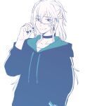  1boy asuto_(rooftop) black_nails black_shirt cigarette commentary_request cosplay earrings holding holding_cigarette hood hood_down hooded_shirt jewelry kaida_shion lineart long_hair long_sleeves male_focus mikoshiba_kenta mikoshiba_kenta_(cosplay) nail_polish paradox_live ponytail red_eyes shirt simple_background single_earring smile white_background white_hair white_shirt 
