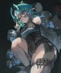  116116116el 1girl adjusting_eyewear bare_shoulders black-framed_eyewear black_background black_hairband black_shirt black_shorts commentary covered_navel detached_sleeves english_commentary glasses green_hair hair_ornament hairband hairclip hand_up high-waist_shorts highres pointy_ears red_eyes roxy_ifrita_pryce scar scar_on_shoulder shirt shorts solo zenless_zone_zero 