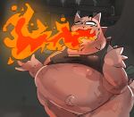 absurd_res anthro barely_visible_tail black_clothing black_shirt black_topwear bottomless bottomless_anthro bottomless_female breath_powers clothed clothing elemental_manipulation female fire fire_breathing fire_manipulation hi_res kaiju mewgenics monorama navel outie_navel overweight overweight_anthro overweight_female pyrophina_(mewgenics) red_body red_scales reptile scales scalie shirt shirt_only solo tail topwear topwear_only