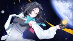  1girl aqua_ribbon asymmetrical_gloves black_dress black_gloves black_hair breasts closed_mouth commentary_request commission covered_navel dress elbow_gloves eyewear_on_head gloves gradient_clothes gradient_dress highres large_breasts long_hair long_sleeves looking_at_viewer maria_(syake-uni) mismatched_gloves neck_ribbon original pink_dress planet ribbon shrug_(clothing) skeb_commission space uneven_gloves upper_body white_dress white_gloves white_shrug yellow_eyes 