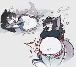 abdominal_bulge ambiguous_gender ambiguous_prey anthro aquatic belly big_belly blush blush_lines breasts bubble_emanata digestion digestion_noises digital_media_(artwork) emanata female female_pred fish g3xa hi_res imprint lying on_side onomatopoeia pants_undone plushie rumbling_stomach sequence shark shark_plushie shark_tail signature sleeping sound_effects speech_bubble text tired vore weight_gain