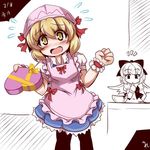 apron blonde_hair blush bow dated finger_in_mouth gengetsu gift hair_bow heart maid maid_headdress mugetsu multiple_girls pantyhose partially_colored red_bow ribbon short_hair siblings sisters sore_(whirlwind) touhou touhou_(pc-98) wings yellow_eyes 