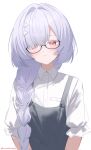  1girl alternate_costume apron black-framed_eyewear blush braid closed_mouth collared_shirt commentary cryne glasses grey_hair hair_ornament hair_over_shoulder highres long_hair looking_at_viewer mornye_(wuthering_waves) pout red_eyes semi-rimless_eyewear shirt short_sleeves simple_background single_braid solo twitter_username upper_body white_background white_shirt wuthering_waves 