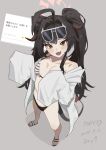  1girl absurdres ahoge artist_name bare_legs bare_shoulders black_hair blue_archive breasts clone_(user_atad4545) collarbone commentary_request dated fang from_above full_body grey_background halo highres horns kasumi_(blue_archive) long_hair long_sleeves looking_at_viewer off_shoulder open_clothes open_mouth open_shirt red_halo request_inset sandals shirt simple_background small_breasts solo standing stomach tail twintails white_shirt yellow_eyes 