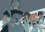  4girls absurdres ahoge alternate_costume animal_ears apron belle_(zenless_zone_zero) blonde_hair blue_hair blush bouncing_breasts breasts brown_hair commentary_request droopy_ears enmaided frilled_apron frills green_eyes hair_ornament hairband hairclip highres ju_fufu large_breasts long_hair looking_at_breasts maid maid_apron maid_headdress multiple_girls oro_(lsg0624) red_eyes ruri_no_houseki scene_reference short_hair single_hair_intake tail tiger_ears tiger_girl underbust white_apron white_hair white_hairband ye_shunguang yellow_eyes yixuan_(zenless_zone_zero) zenless_zone_zero 