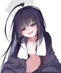  1girl absurdres after_bathing ahoge alternate_hairstyle black_hair blue_archive blush breasts commentary_request grey_eyes grey_halo hair_down halo highres huge_ahoge jacket kisaki_(blue_archive) korean_commentary long_hair navel open_mouth petite pol060 simple_background small_breasts solo striped_clothes striped_jacket towel towel_around_neck vertical-striped_clothes vertical-striped_jacket very_long_hair wet white_background 