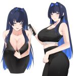  1girl absurdres alternate_costume arielsomayikan armpit_crease bare_arms black_hair black_pants black_sports_bra blue_eyes blue_hair blunt_bangs blunt_ends breasts cellphone cleavage closed_mouth clothes_pull colored_inner_hair commentary english_commentary hair_intakes high-waist_pants highres holding holding_phone hololive hololive_english large_breasts leaning_forward long_hair long_sidelocks looking_at_viewer multicolored_hair multiple_views official_alternate_hairstyle open_mouth ouro_kronii pants phone sidelocks simple_background smartphone smile sports_bra sports_bra_pull virtual_youtuber white_background yoga_pants 