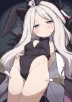  1girl ahoge animal_ears arm_behind_back bare_shoulders black_bow black_bowtie black_leotard blue_archive blush bow bowtie breasts collar commentary demon_girl demon_wings detached_collar fake_animal_ears flying_sweatdrops from_below gamuo groin half-closed_eyes highleg highleg_leotard hina_(blue_archive) leotard long_hair looking_down low_wings pink_eyes playboy_bunny rabbit_ears small_breasts solo strapless strapless_leotard thighs white_collar white_hair wings 
