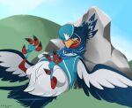 absurd_res clothing fan_character feathered_crest feathered_wings feathers feral flight_attendant_uniform generation_3_pokemon hat head_crest headgear headwear hi_res mistral_(gyro) nintendo pokemon pokemon_(species) rock ruffled_feathers solo swellow wings yellow_eyes zecret_colors