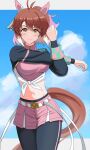  1girl ahoge animal_ears black_leggings black_shrug blush breasts brown_eyes brown_hair checkered_ribbon commentary dantsu_flame_(center_spotlight)_(umamusume) dantsu_flame_(umamusume) ear_covers ear_ribbon hair_between_eyes hairband highres horse_ears horse_girl horse_tail large_breasts leggings leggings_under_shorts looking_at_viewer mayomaru1 midriff multicolored_hair navel pink_hairband pink_shorts shirt shorts shrug_(clothing) smile solo stretching tail tied_shirt umamusume white_hair 