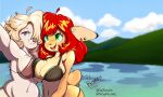 absurd_res anthro asymmetrical_breast_frottage bikini black_bikini black_clothing black_swimwear blonde_hair blue_sky breast_squish breasts breasts_frottage brown_body brown_fur canid canine canis clothing cloud deer domestic_dog duo female fur green_eyes hair hi_res hill lake loomy_(comifur) mammal mountain navel scut_tail selfie short_tail sky slightly_chubby sophie_(forest_fever) squish swimwear tail the_blondeh two-piece_swimsuit
