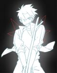  1boy black_background chinese_commentary commentary_request false_memory fighting_stance floating_clothes floating_jacket ghost glowing hair_over_one_eye he_mingshuo highres holding holding_stick jacket male_focus niurougan_haoguia open_clothes open_jacket shirt simple_background sleeves_rolled_up spiked_hair stick white_eyes white_hair white_jacket white_shirt wings 