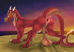 animal_genitalia anus backsack balls balls_on_ground beach big_anus big_balls bodily_fluids butt claws dragon feral flaccid genital_fluids genitals hi_res horn leaking_precum looking_at_viewer looking_back male mythological_creature mythological_scalie mythology noodlybat outside pawpads penis perineum precum presenting presenting_anus presenting_hindquarters raised_tail red_body rezzybat saggy_balls sand scalie sea sheath solo spread_legs spreading star sunset tail water wingless_dragon