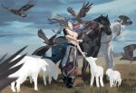  1boy animal arknights baby_animal belt bird black_belt blue_hair bracer commentary_request grass hawk highres horse lamb looking_back male_focus mongolian_clothes no_shirt pointy_ears sheep sky snake_tail streamers tail topless_male xuelierrr zuo_le_(arknights) 