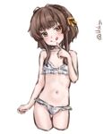  1girl absurdres bikini braid brown_eyes brown_hair cowboy_shot cropped_legs flat_chest frilled_bikini frills hair_ribbon highres kantai_collection lilshigu navel one-hour_drawing_challenge ribbon short_hair short_hair_with_long_locks side_braid simple_background solo standing swimsuit thigh_gap tongue tongue_out twitter_username ukuru_(kancolle) white_background white_bikini 