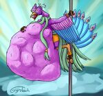 abdominal_bulge absurd_res anthro avian belly big_belly bird clothing dancing dress feathered_crest feathered_wings feathers galliform gyro_feather gyrotech head_crest hi_res huge_belly hyper hyper_belly male male_pred multiple_prey peafowl phasianid pole pole_dancing scarf vore winged_arms wings
