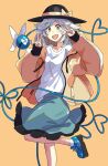  1girl :d alternate_costume black_hat blue_shoes bow commentary_request disembodied_linked_eye double_v eyeball green_eyes green_hair green_skirt hat hat_bow heart heart-shaped_pupils heart_of_string highres jack_(wkm74959) jacket komeiji_koishi leg_up long_sleeves looking_at_viewer medium_hair one-hour_drawing_challenge open_clothes open_jacket open_mouth shirt shoes simple_background skirt smile socks solo symbol-shaped_pupils touhou v white_shirt white_socks yellow_bow yellow_jacket 