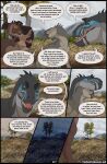 ativo blue_eyes blue_markings bone_frill brown_body centrosaurine ceratopsian ceratopsid comic dialogue digital_media_(artwork) dinosaur english_text facial_scar female feral frill_(anatomy) gorgosaurus green_eyes grey_body group hi_res hill iguanodontian male marginocephalian markings night open_mouth orange_markings ornithischian ornithopod outside pachyrhinosaurus plant prehistoric_species reptile saurischian scalie scar sesha_(therbis) smile speech_bubble spikes tan_body tenontosaurus text therbis theropod tree trio typhon_(therbis) tyrannosaurid tyrannosauroid url yellow_eyes
