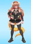  1girl abs absurdres alternate_hair_color armlet armpit_crease black_dress black_shoes black_sleeves black_thighhighs blue_background blue_eyes bowsette bracelet breasts brown_hair detached_sleeves dress earrings full_body hair_between_eyes hand_on_own_hip highres horns jewelry kazibar large_breasts lipstick long_hair looking_at_viewer makeup mario_(series) open_mouth ponytail see-through_cleavage see-through_clothes shoes simple_background smile sneakers solo sphere_earrings spiked_armlet spiked_bracelet spiked_tail spikes tail thighhighs toned toned_female 