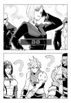  2girls 4boys ? armor bald bare_shoulders barret_wallace beard belt black_gloves black_hair black_necktie black_skirt black_suit black_tank_top border breasts cloud_strife collared_shirt commentary_request crop_top earrings elena_(ff7) facial_hair fighting_stance final_fantasy final_fantasy_vii gloves goggles goggles_on_head greyscale gun hand_in_own_hair hand_on_own_hip jacket jewelry large_breasts long_hair medium_breasts midriff monochrome multiple_boys multiple_girls necktie parted_lips pauldrons prosthetic_weapon reno_(ff7) ribbed_shirt rude_(ff7) scar scar_on_cheek scar_on_face screentones sharp_na_ago sharp_teeth shirt short_hair shoulder_armor single_bare_shoulder single_pauldron skirt sleeveless sleeveless_turtleneck suit suit_jacket sunglasses suspenders tank_top teeth tifa_lockhart translated turtleneck twitter_username very_short_hair vest weapon white_border white_shirt 